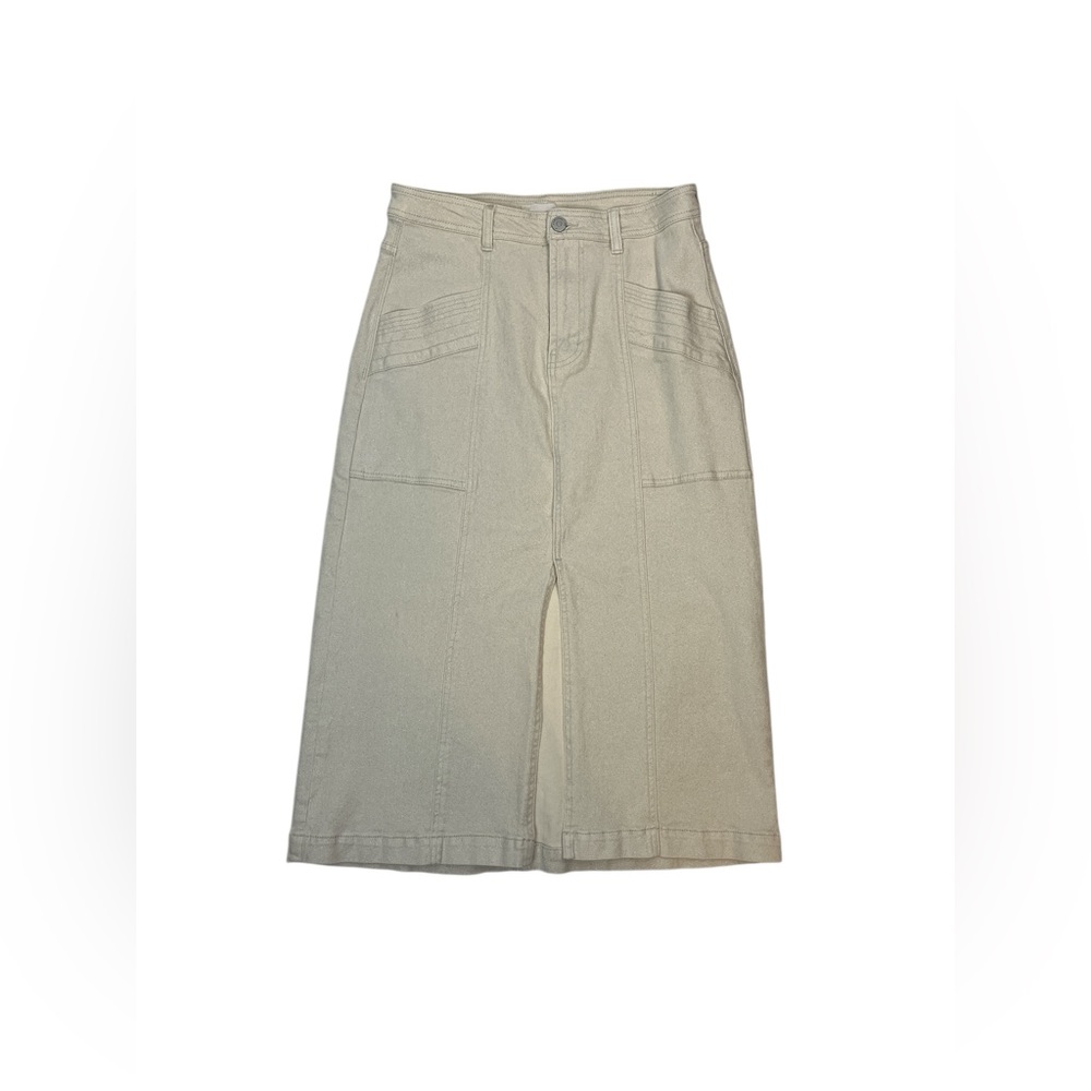 Habitual Beige Metallic Denim Maxi Skirt Women’s 4/27 Utility Pockets Front Slit
